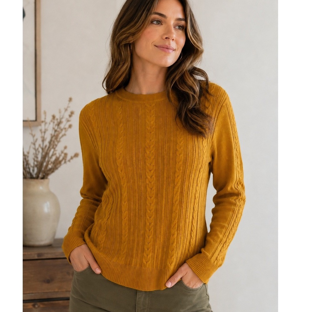 a new day Mustard Cable Knit Sweater Women's Large Cotton Blend Cozy Fall - Picture 1 of 7